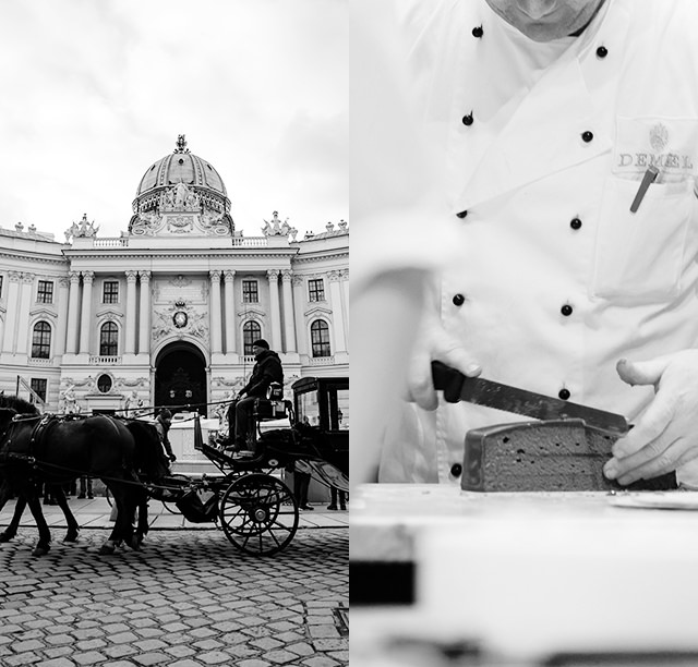 オーストリア・ウィーンでの馬車の風景写真とdemelのパティシエがケーキを切っている写真